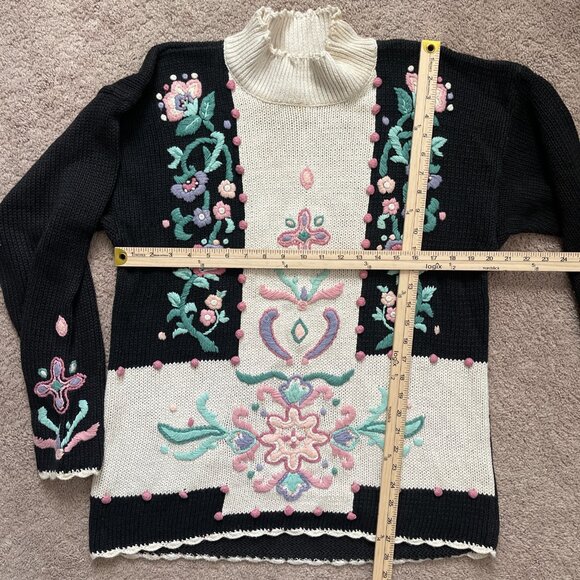 Vintage 80s Ninon de Lenclos Women’s Large Floral 3D Knit Mock neck Embroidered - Picture 5 of 6